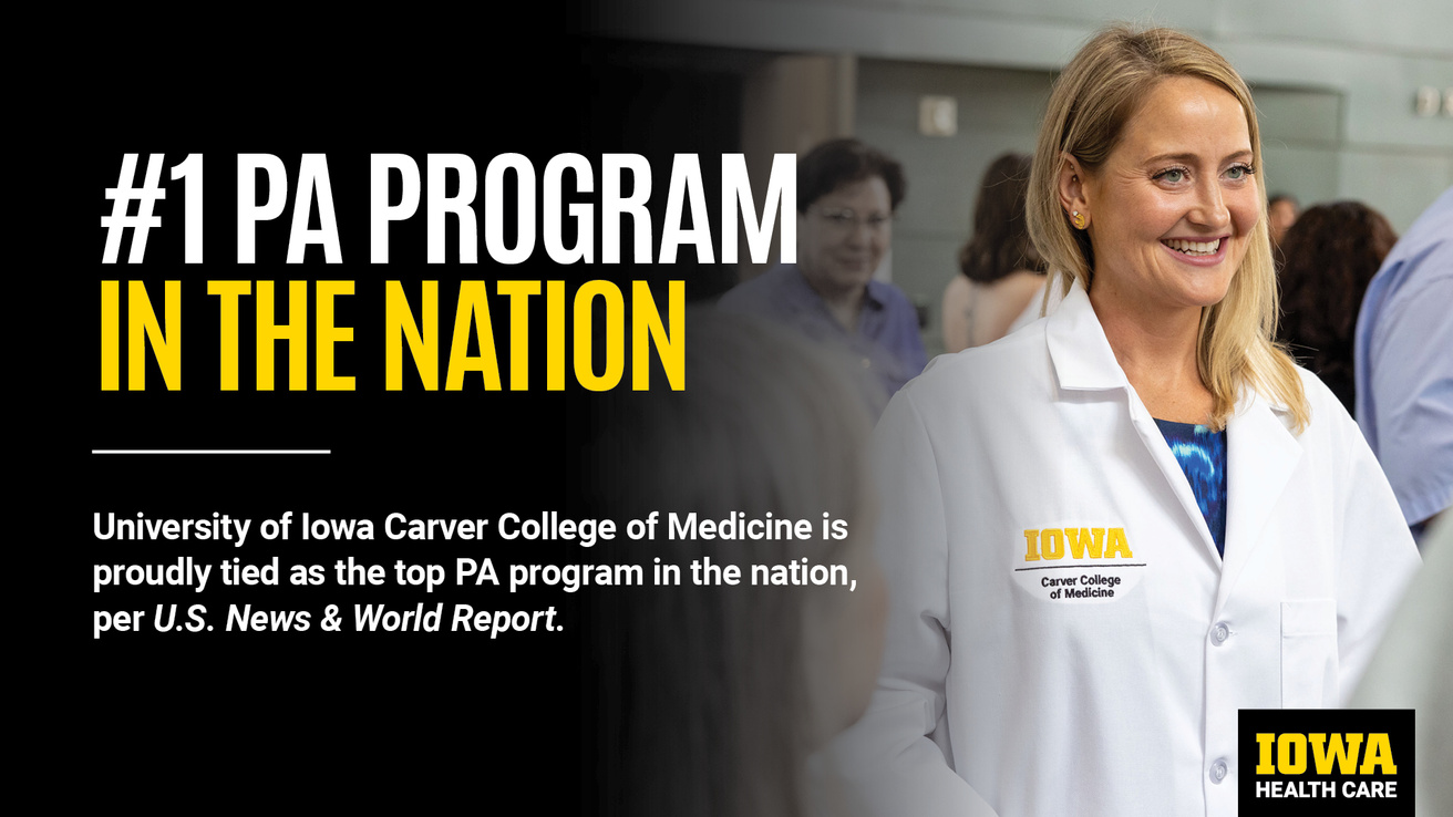 A flat screen graphic acknowledging the PA Program being ranked #1 by U.S. News and World Report for best PA Program